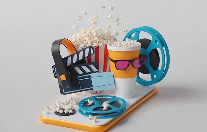 Popcorn Bucket Between Clapboard and Film Reel Professional 3D Illustration image